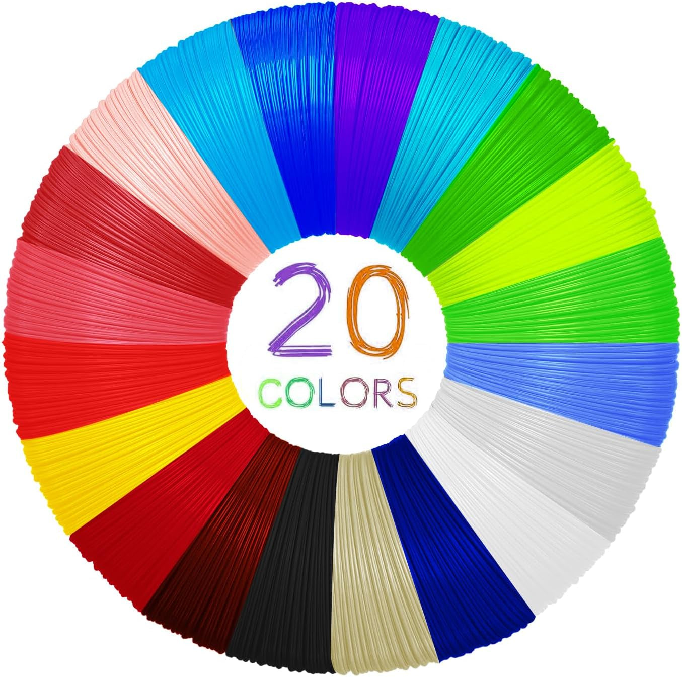 3D Pen PLA Filament Refills，20 Colors 1.75Mm PLA Filament Pack, Each Color 16 Feet, Total 320 Feet, Pack with 2 Finger Caps