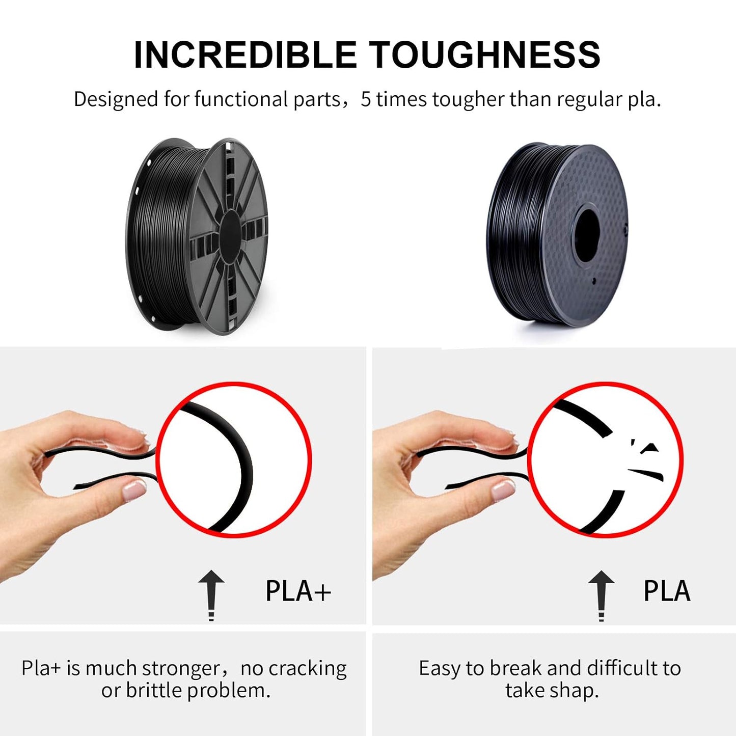 PLA plus (PLA+) Filament 1.75Mm Bundle with 20G Cleaning Filament, Black PLA Pro 3D Printer Filament, Premium PLA 1Kg Spool(2.2Lbs), Dimensional Accuracy +/- 0.03Mm, (Black 2 Pack)